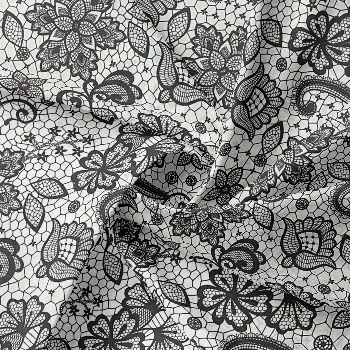 Cotton Fabric - Grey Lace on White