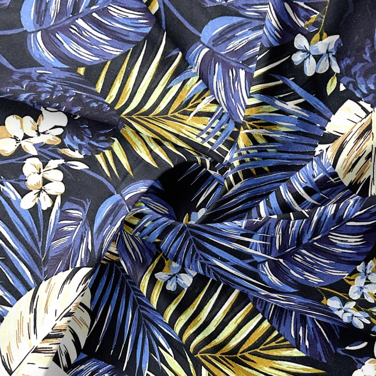 Cotton Fabric - Leaves, gold and navy blue