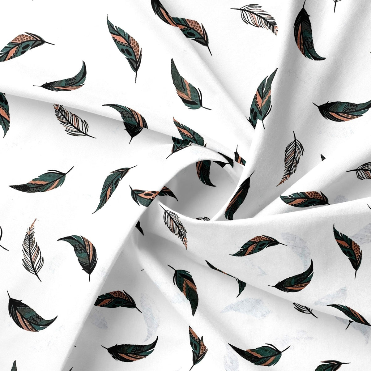 Cotton Fabric - Light Feathers Orange and Green
