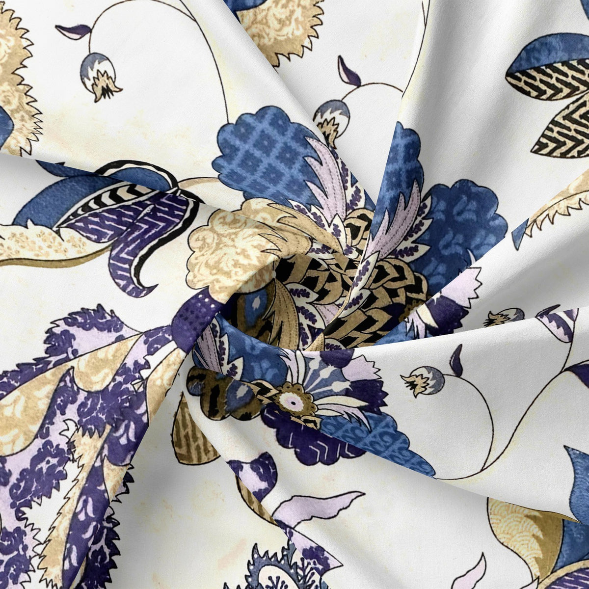 Cotton Fabric - Oriental pattern, Gold and Blue