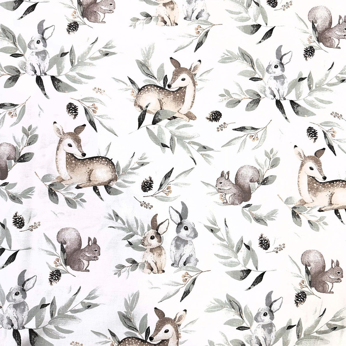 Cotton Fabric - Roe deer, bunnies and cones