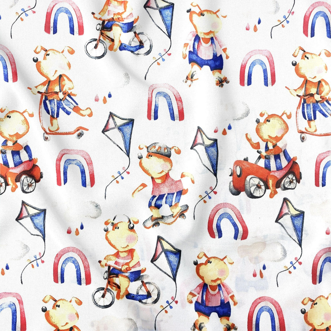 Cotton Fabric - Teddy Bears and Rainbow, blue