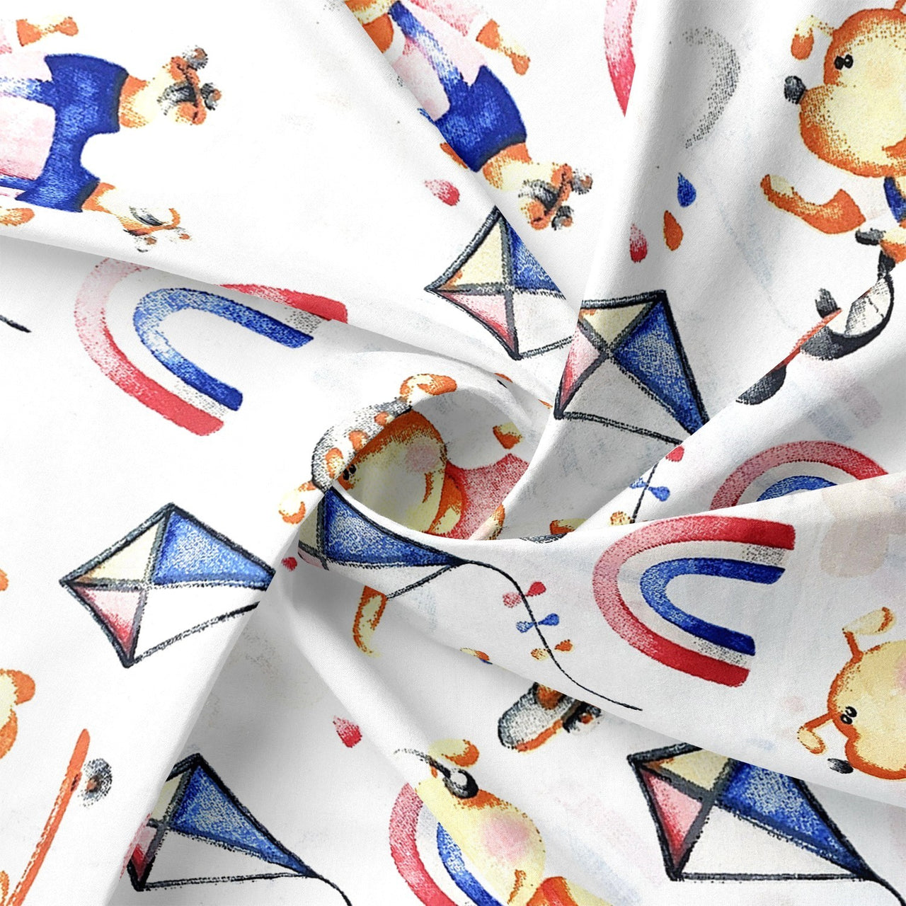 Cotton Fabric - Teddy Bears and Rainbow, blue