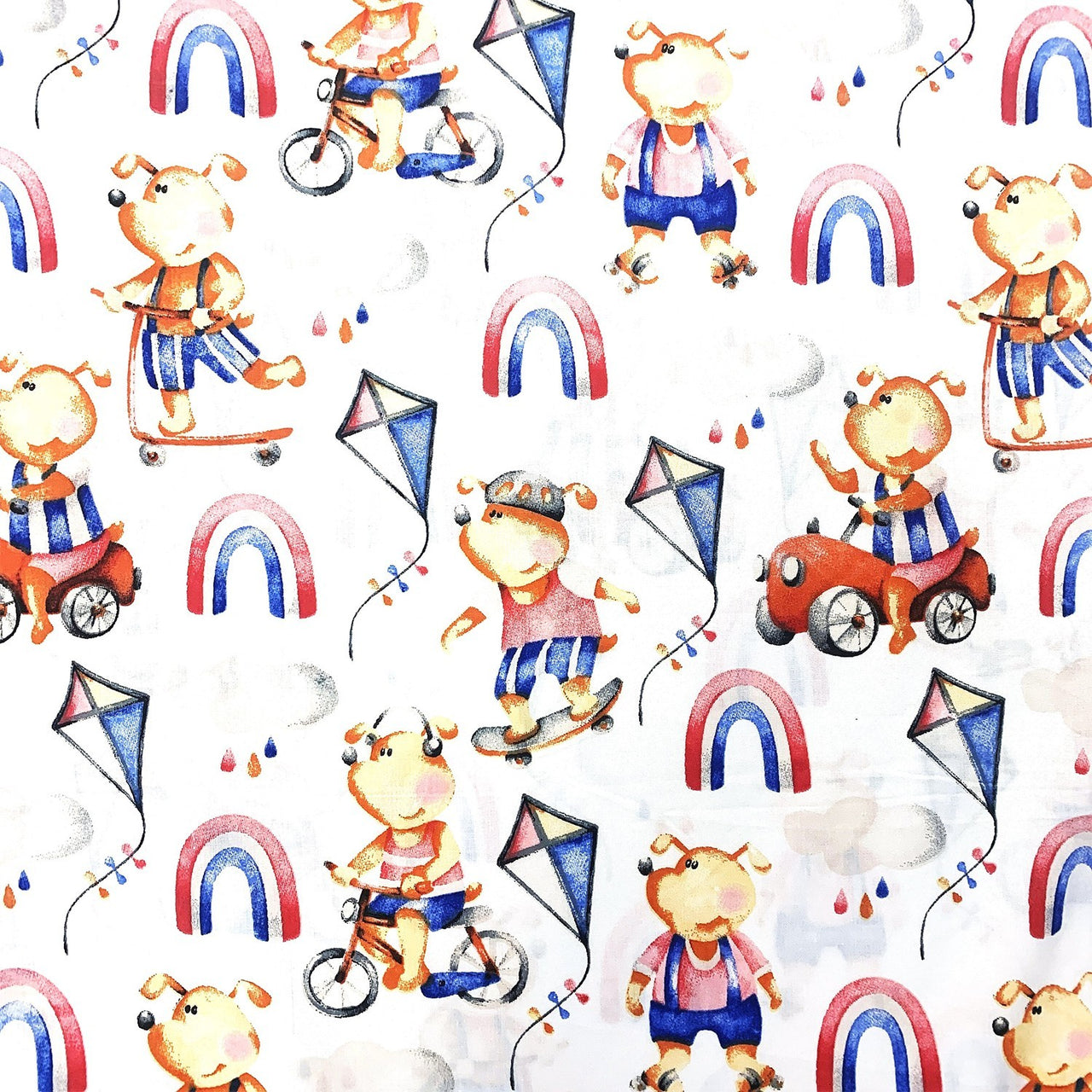 Cotton Fabric - Teddy Bears and Rainbow, blue