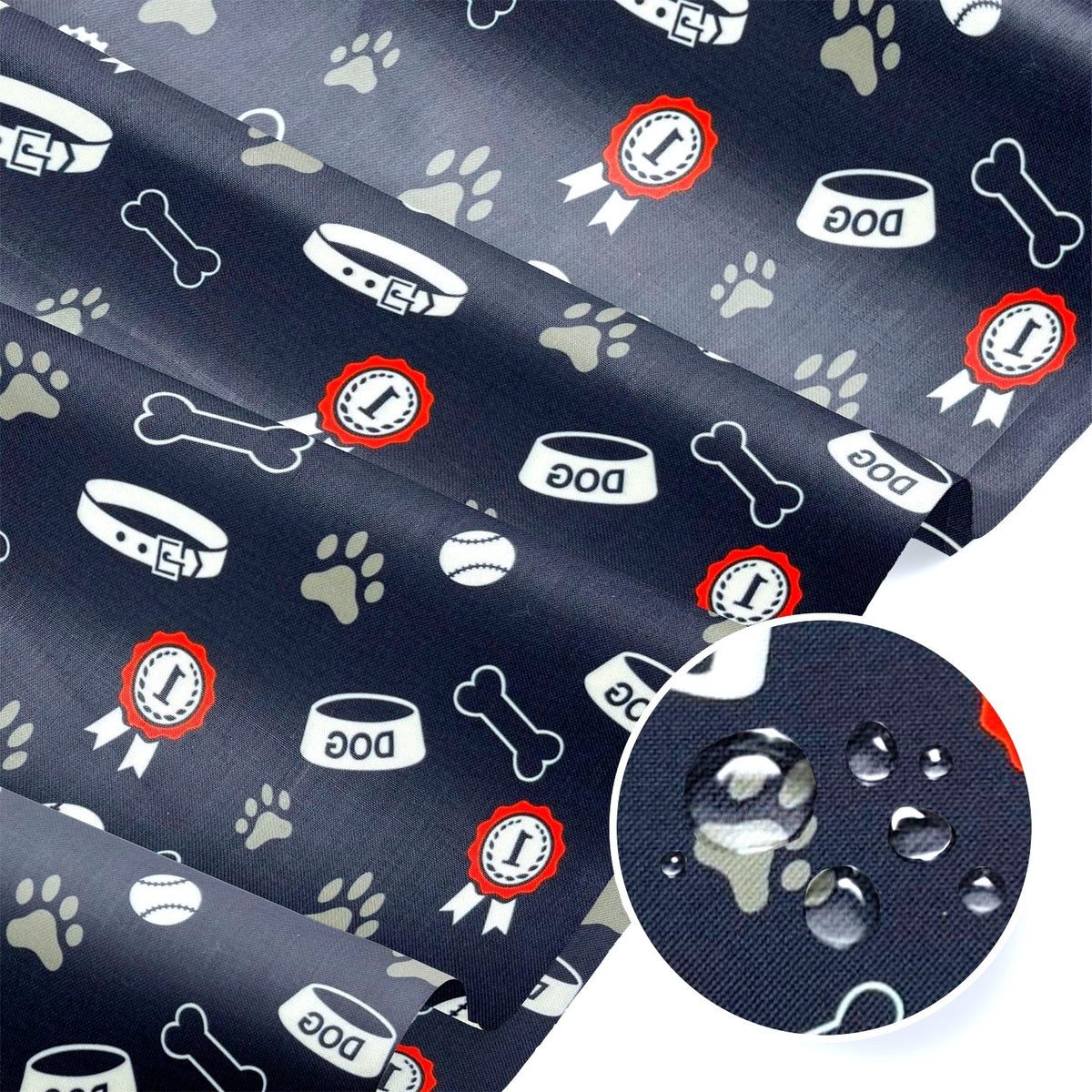 Water Resistant Fabric Oxford - Dog's paw, bowl and medal - Navy
